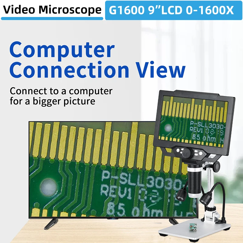 

Цифровой видеомикроскоп G1600 USB с высоким разрешением 1080P 9 ''ЖК-дисплей 12MP 1-1600X для пайки ремонта сотового телефона печатной платы DIY