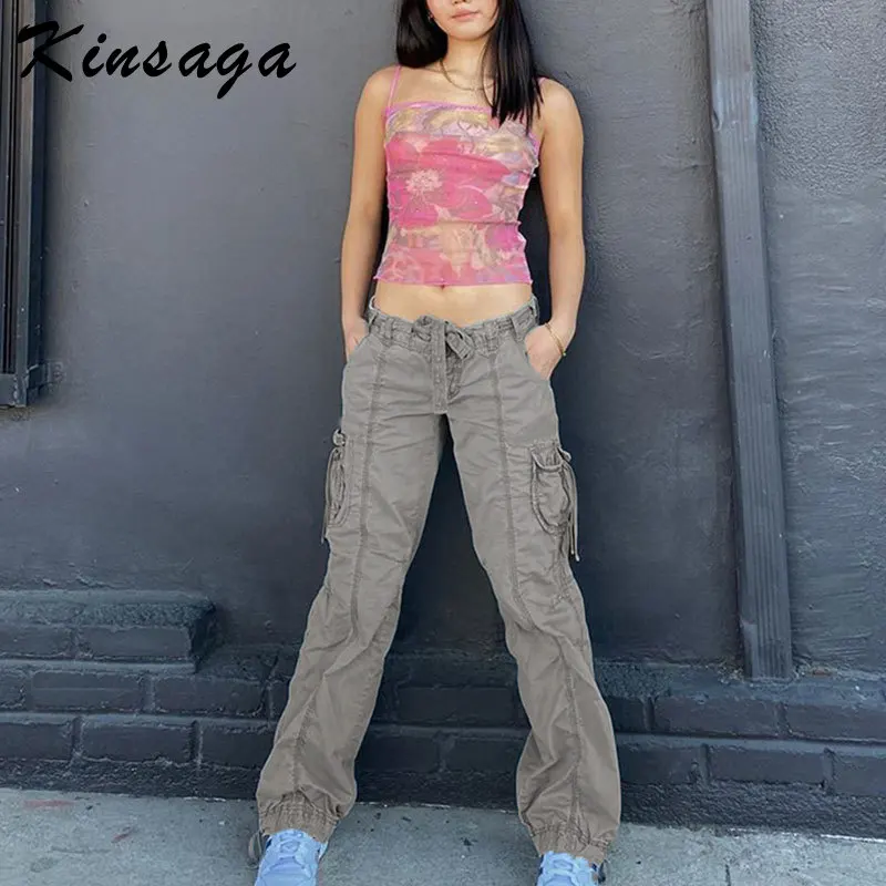 

Серые мешковатые брюки-карго, женская уличная одежда в стиле панк, прямые брюки с низкой талией и завязкой, Y2k, винтажные спортивные брюки с ш...