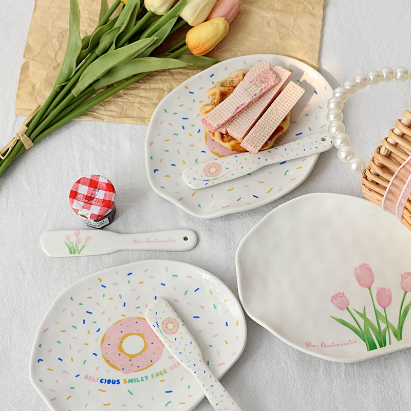 

Korean Irregular Doughnut Ceramic Plate Dinner Dessert Plate Breakfast Plate Cake Plate Splash Ink French Jam Knife Butter Knife