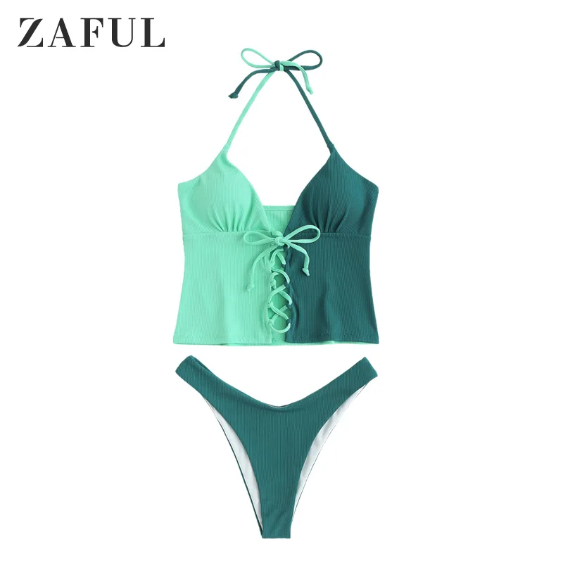 

ZAFUL High Cut Lace Up Two Tone Brazilian Tankini Set Women Two-Piece Swimwear