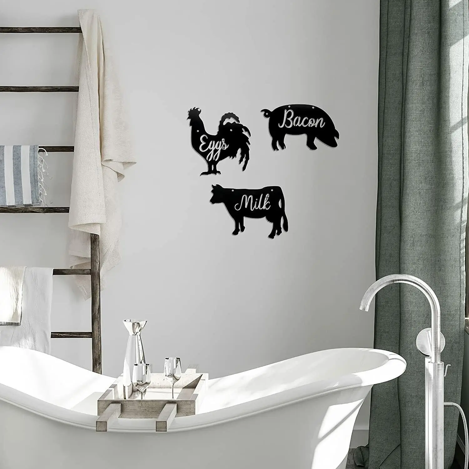 

Set of 3 Metal Cow Pig and Rooster Wall Decor Black Animal Kitchen Decor