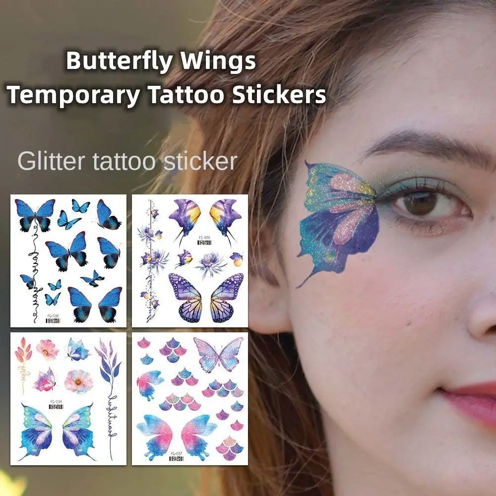 Fairy Butterfly Wings Shiny Tattoo Sticker Waterproof Eyes Face Hand Body Art Fake Tattoos Women Makeup Dance Music Festival