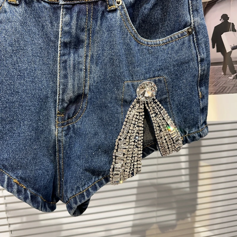 High Waisted Jean Shorts Female 2023 Summer New Rhinestone Bow Split Washed Cotton Ultra Short Jeans Women Clothing Women Shorts