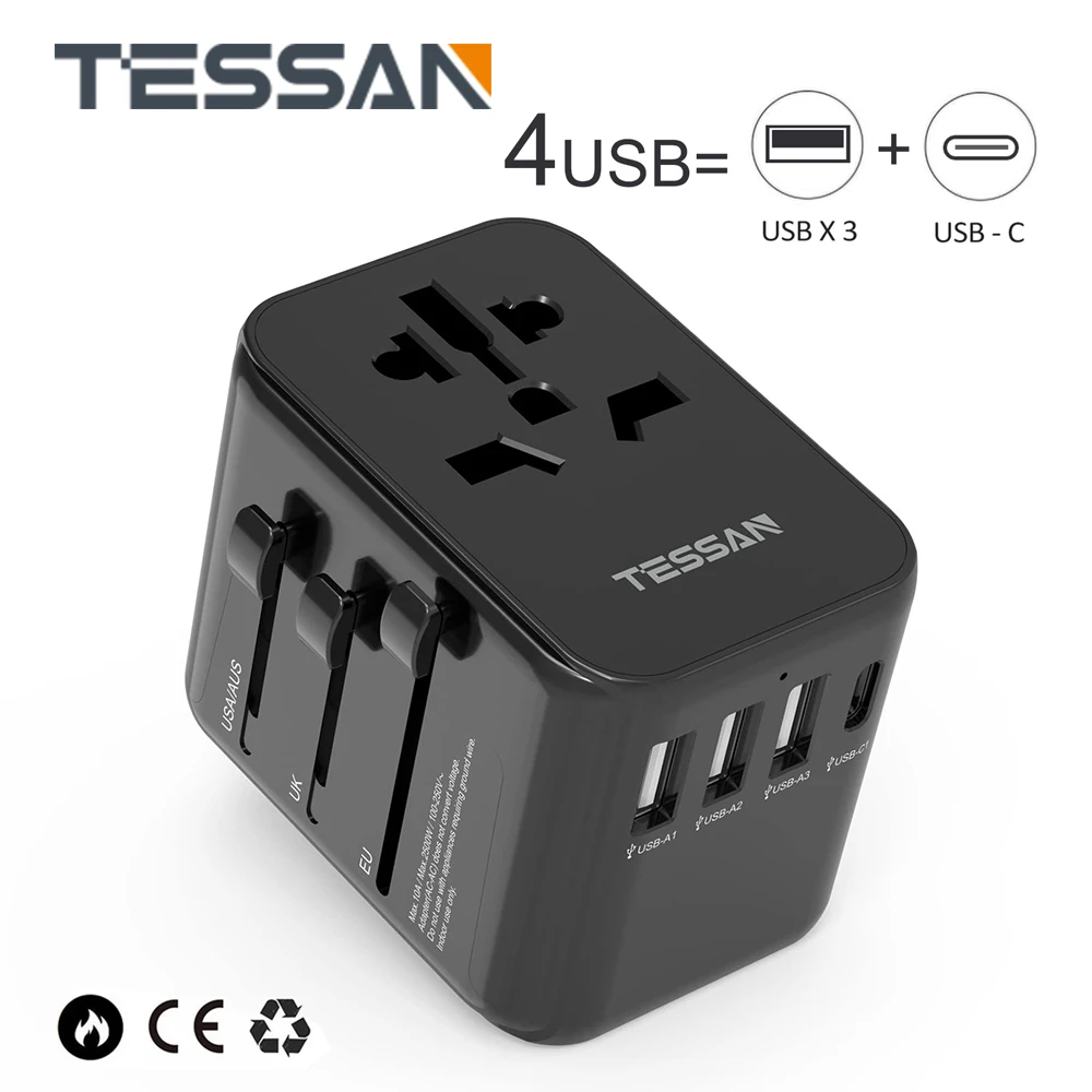 Универсальный дорожный адаптер TESSAN, универсальный адаптер питания с разъемом USB и Type C, сетевое зарядное устройство для путешествий в Великобритании, ЕС, Австралии, США