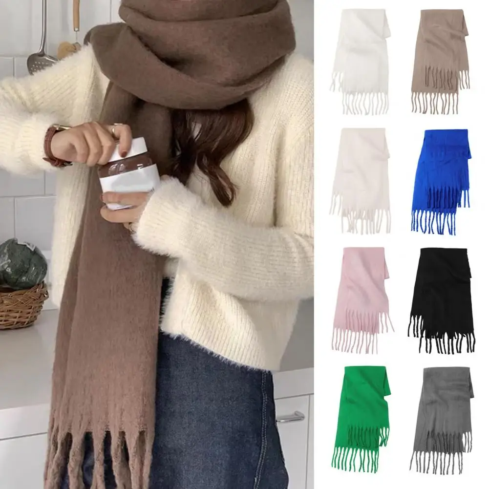 

Зимний шарф, женский роскошный осенне-зимний кашемировый шарф, утепленная теплая шаль, Классический пушистый шарф с кисточками, однотонная мягкая шаль