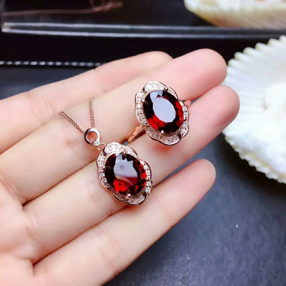 

[MeiBaPJ Fine Quality Natural Mozambiqu Garnet Gemstone Trendy Jewelry set for Women Real 925 Sterling Silver Charm Fine Jewelry