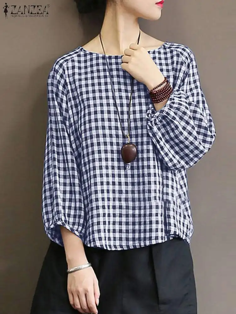 

ZANZEA Summer O Neck 3/4 Sleeve Grid Blouse Fashion Women Plaid Checked Shirt OL Blusas Casual Vintage Holiday Tops Chemise