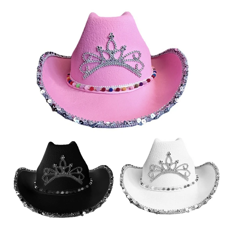 Shinning strass corona cappello Fedora per donna uomo cappello da Cowboy in stile occidentale con tesa di paillettes berretto in feltro Jazz occidentale