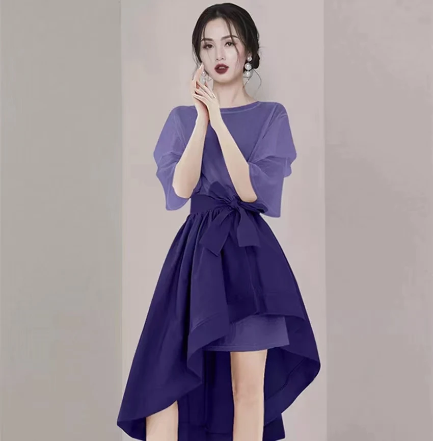 

Женский комплект из 2 предметов, летняя фиолетовая футболка с длинным рукавом с буфами и асимметричная трапециевидная юбка с бантом, подиумный комплект Dresig, 2022