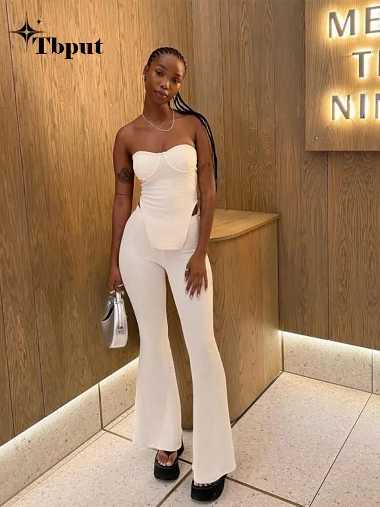 

Женский пикантный комплект из двух предметов, короткий Топ без бретелек с открытой спиной, модные брюки-клеш с высокой талией, элегантный летний уличный женский костюм