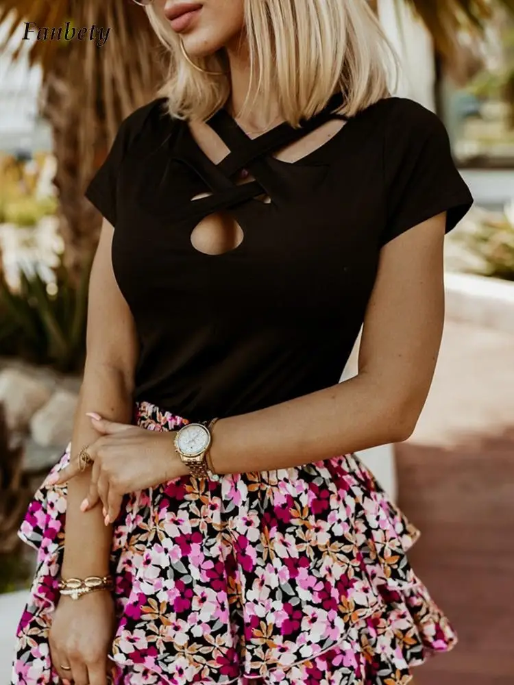 

Elegant Women Solid Commute Slim Tops Pullover Sexy Fashion Cross Cutout Short Sleeve Shirts Casual All-match Blusa Streetwears