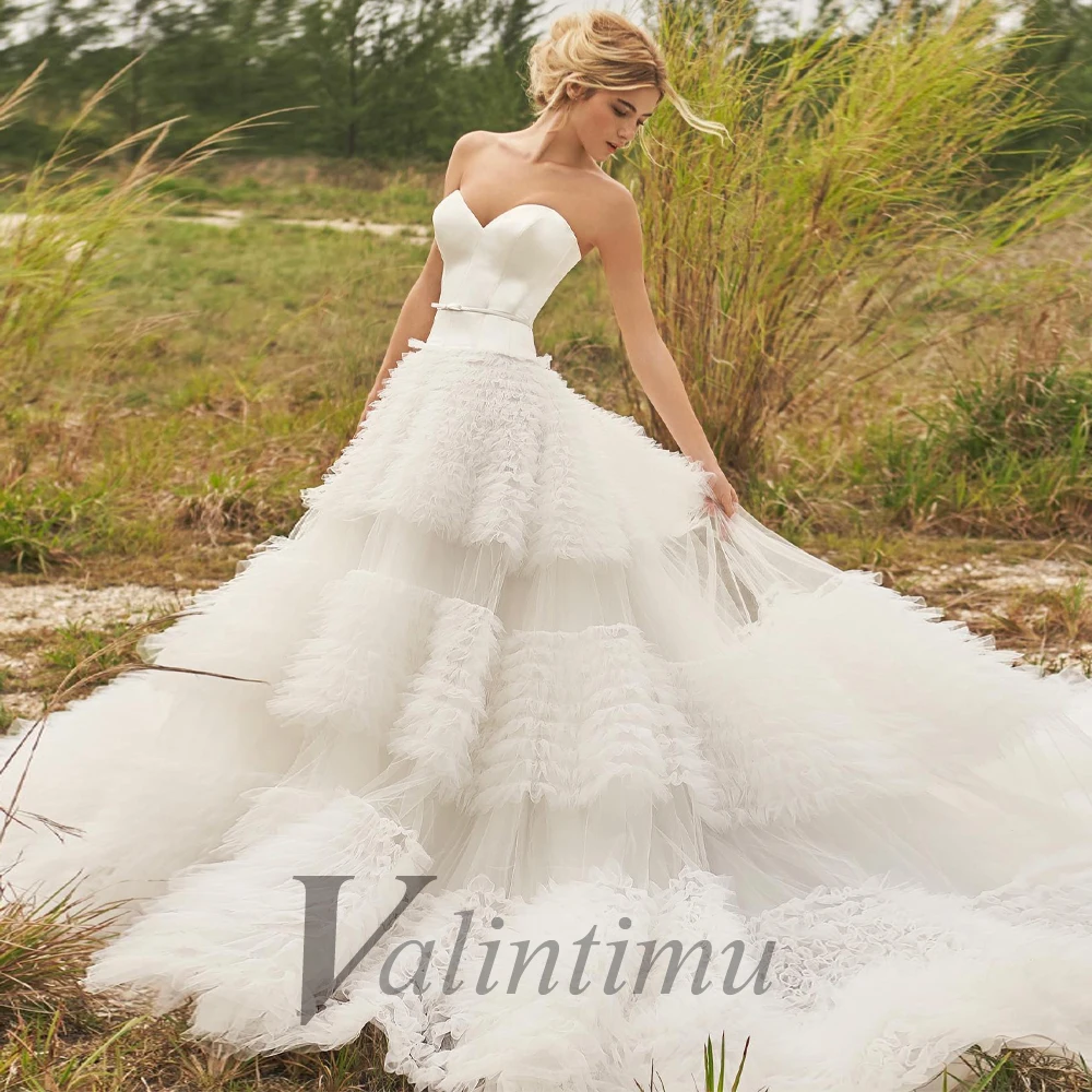 

Valintimu Attractive Strapless Bow Evening Dresses For Wedding Tiered Party Dress Ball Gown Tulle Made To Order Robes De Soirée