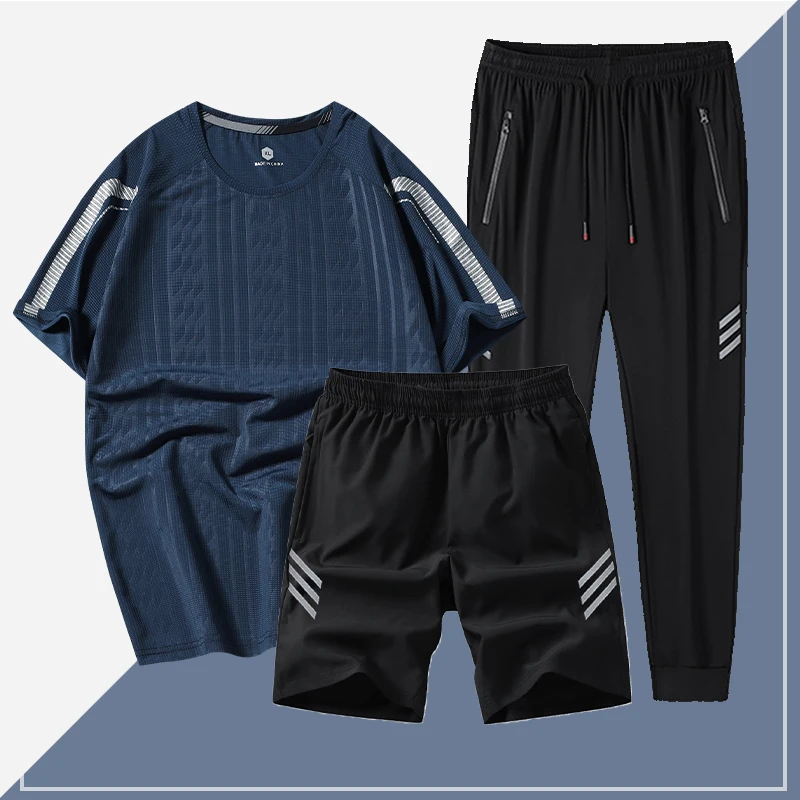 

2022 Summer Thin Ice Silk Tracksuit Men 3 Pieces Round Neck T-shirt+Shorts+Pants Casual Men's Track Suit Fitness Sportswear