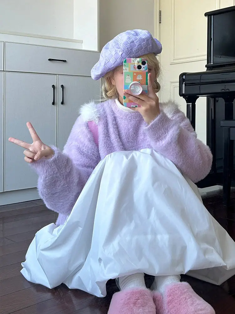 ight женский фиолетовый вязаный свитер из мохера с круглым вырезом и вышивкой букв