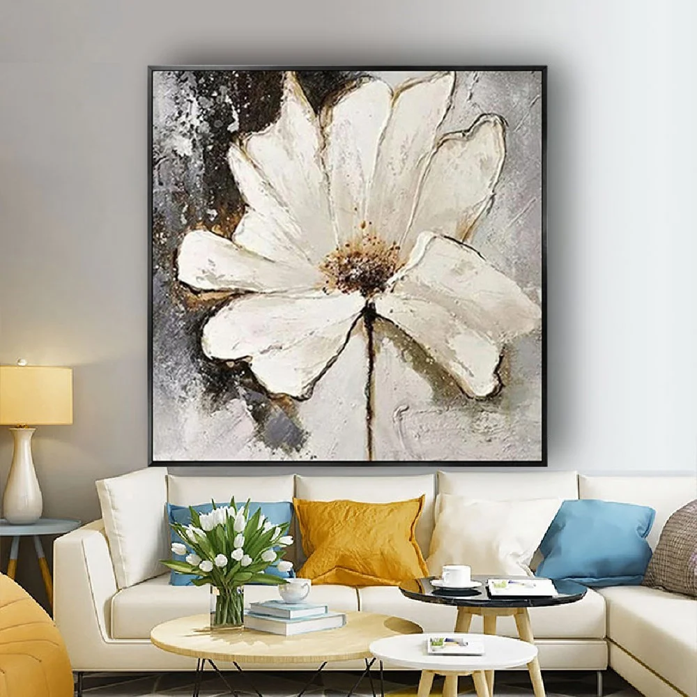 

100% Hand-Painted Old Retro Lotus Flower Oil Painting White Textured Canvas Picture Modern Wall Art For Home Room Decor Artwork