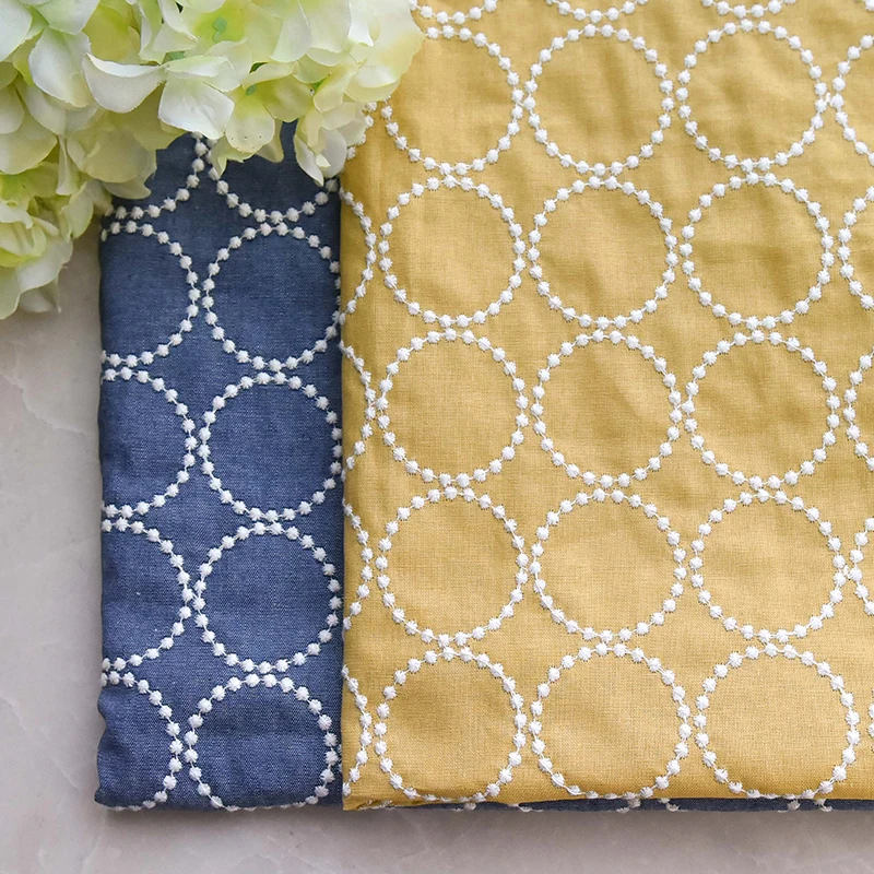 

Denim Fabric By The Meter for Jeans Clothes Dresses Sewing Cotton Cloth Circle Thin Embroidered Floral White Flowers Summer Soft