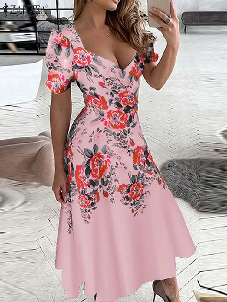 

Платье ZANZEA женское с коротким рукавом, модное пикантное ТРАПЕЦИЕВИДНОЕ праздничное элегантное вечернее с принтом, большие размеры, с V-обра...