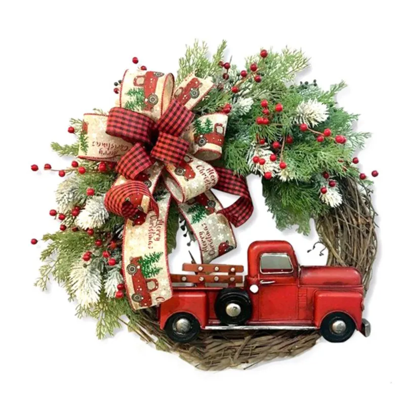 

Artificial Christmas Wreath Red Truck Rattan Christmas Wreaths Wall Front Door Wreath With Pine Tree Branch Ribbon Flower Decor