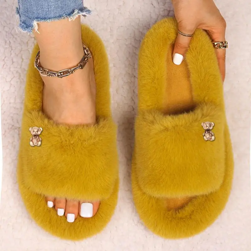 Female Furry Fur Slippers Cozy Women  Bowknot Bear Fur Shoes Cross Strap Warm Home Slides Luxury Soft Flilp Flops Slides