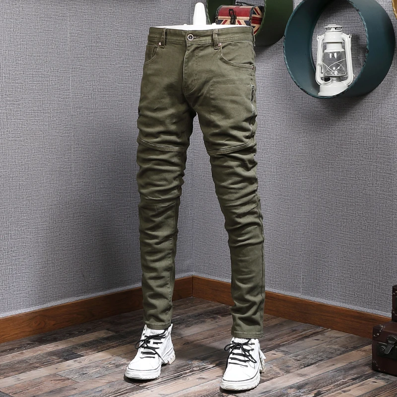 Autumn Black Jeans Men Fashion Slim Fit Straight Pants Streetwear Fashion Patchwork Zip Pocket Cotton Denim Trousers
