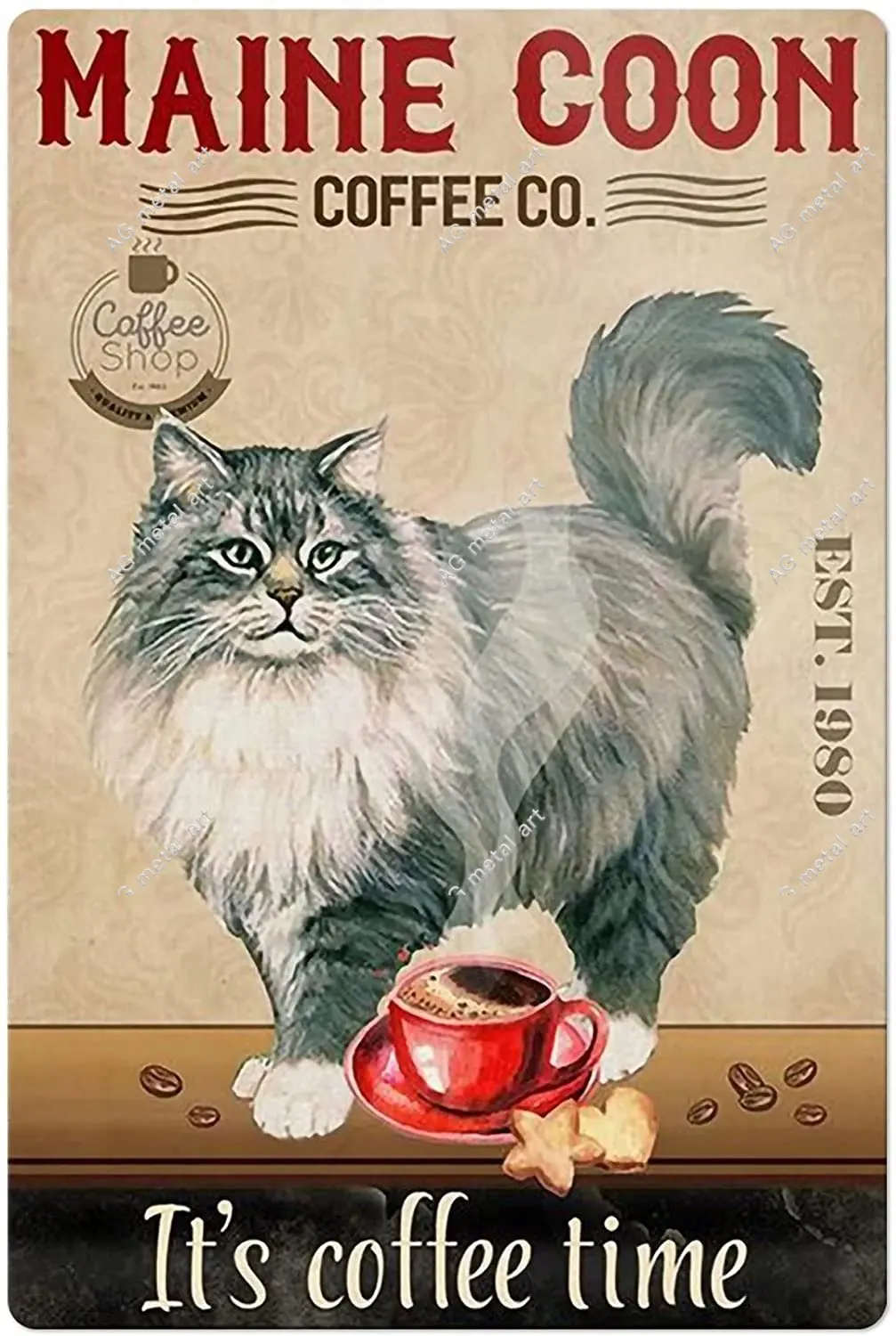 

Cat and Coffee Vintage Metal Tin Sign,Maine Coon Coffee Co. Retro Wall Decor for Home Bar Restaurant Cafe Pub Outdoor
