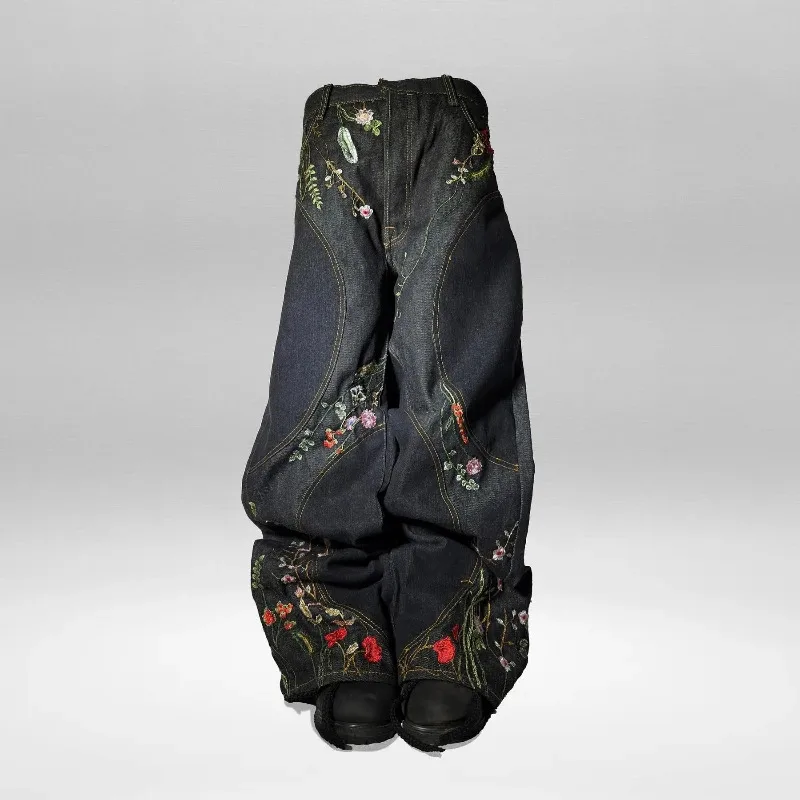 Фото Джинсы Y2K Blossom Baggy с модной цветочной вышивкой, облегающими швами, унисекс, уличный стиль, ретро, в стиле Харадзюку, свободный крой, оверсайз №1