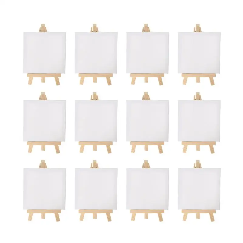 12pcs Artists 5 inch Mini Easel +3 inch x3 inch Mini Canvas Set Painting Kids Craft DIY Drawing Small Table Easel for School