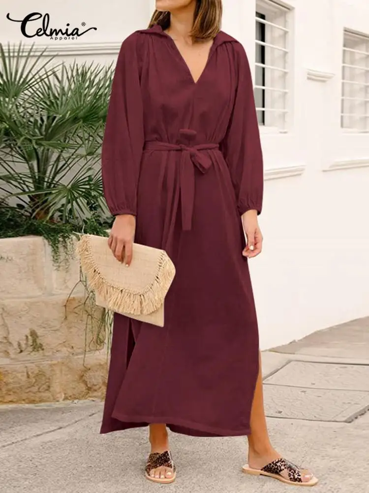 

Celmia Autumn Women 2023 Long Dresses Leisure Long Sleeve Casual Loose V Neck Maxi Dress Split Hem Belted Holiday Robes Femme