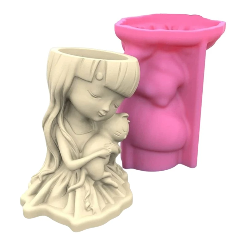 

Girl Hugs Cat Silicone Flower Pot Molds Uv Resin Molds Gypsum Cement Clay Resin Mold
