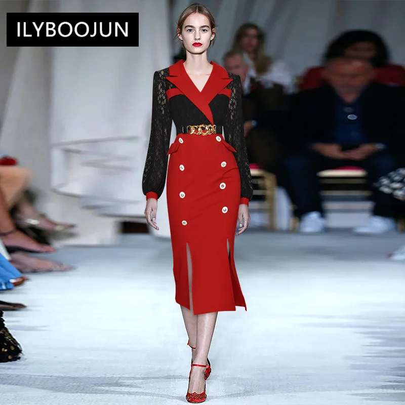 

Fashion Designer Autumn Pencil Dress Women Lace Long Sleeve Sashes Beading Double Breasted Slim Party Dress