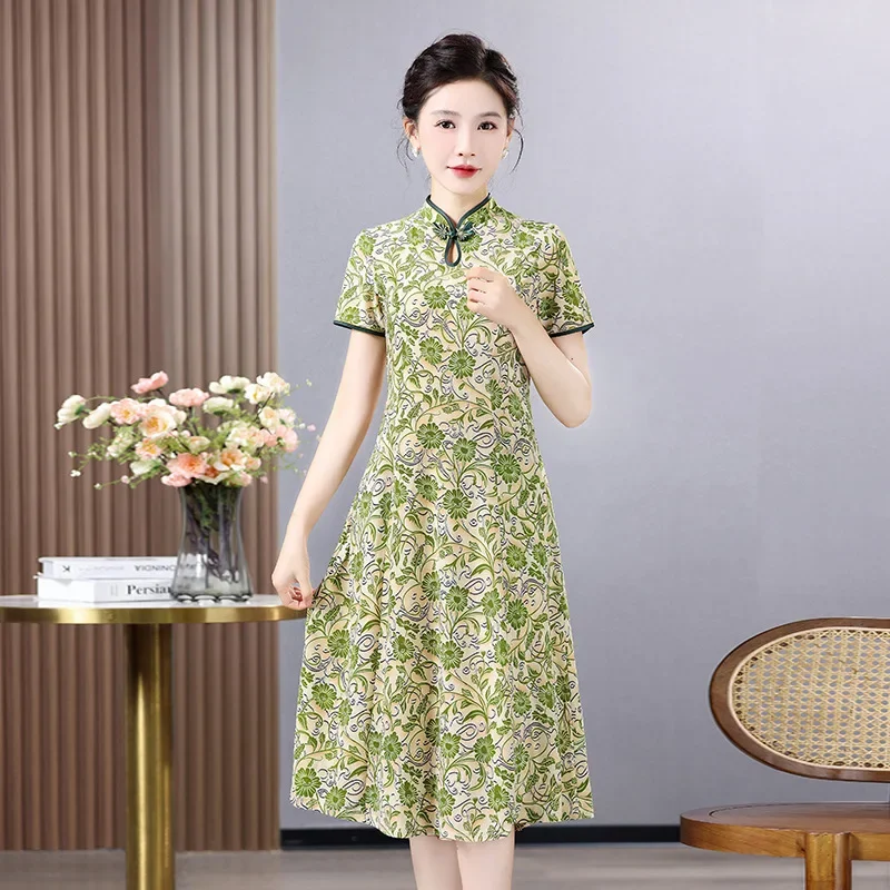 Винтажное улучшенное китайское платье летнее с коротким рукавом для женщин