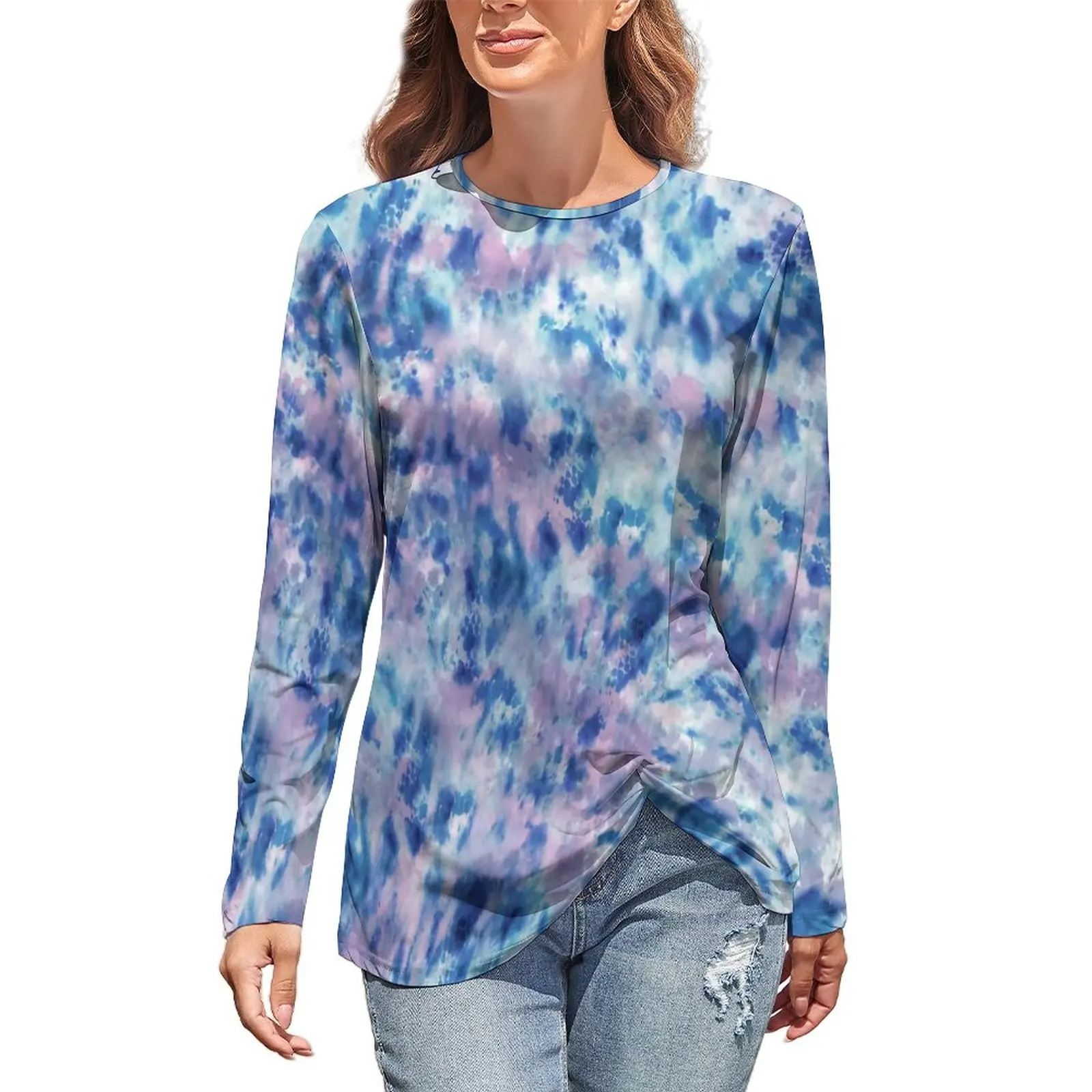 

Tie Dye Blue Pink T Shirts Aesthetic Art Pretty T-Shirt Female Long Sleeve Street Wear Tshirt Hot Sale Oversized Print Top Tees