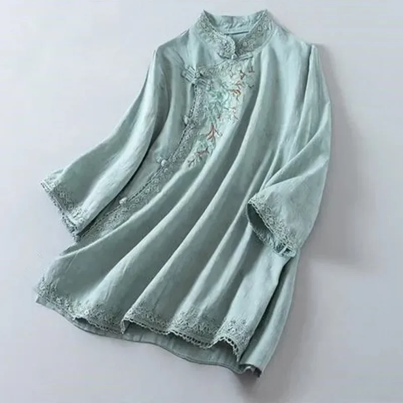 Рубашка в китайском стиле с вышивкой женский винтажный топ Cheongsam традиционное