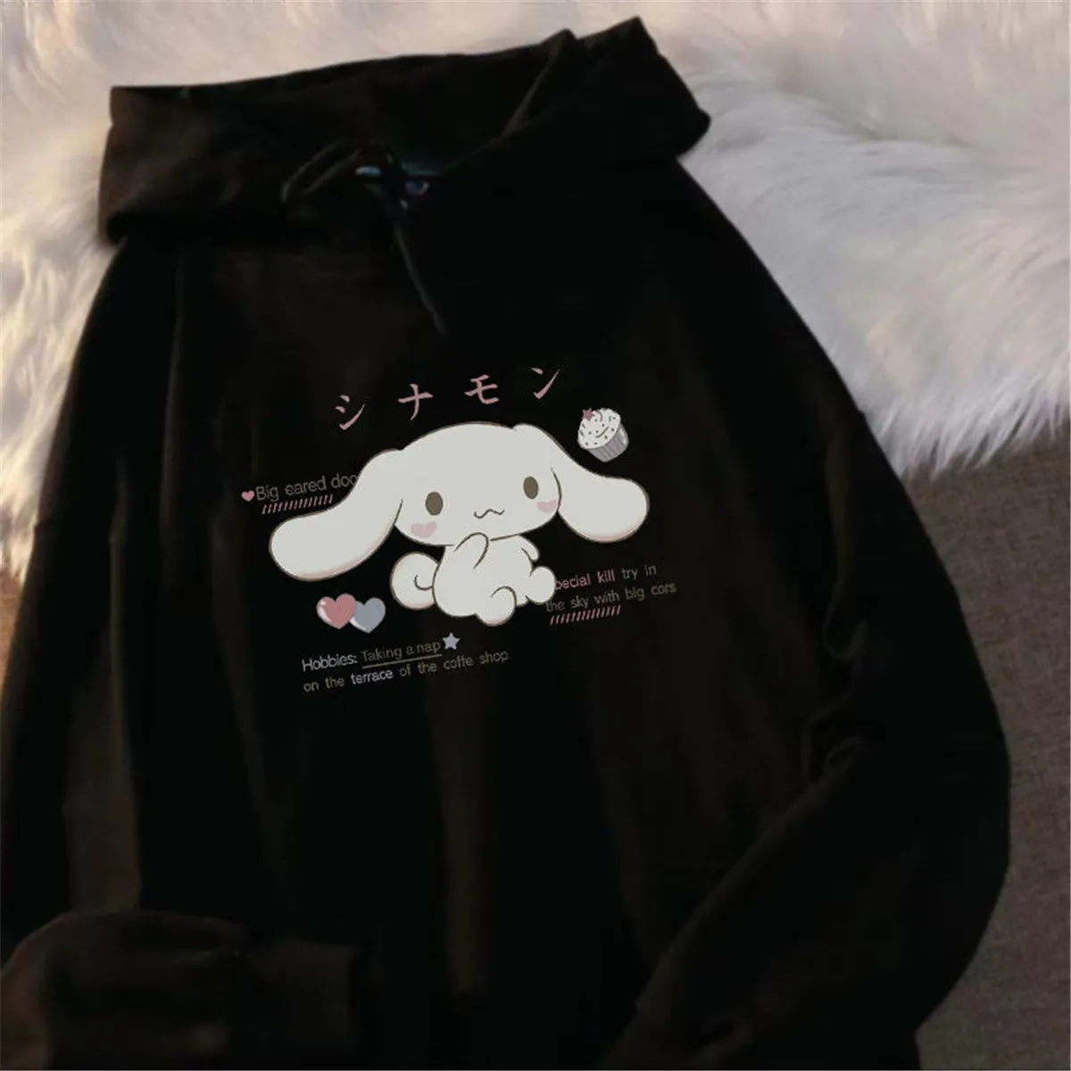 

Black Cartoon Dog Print Hoodie Streetwear Autumn Women Loose Tops Funny Pullover Spring Oversize Japan Hoodie Amine Coat Girl