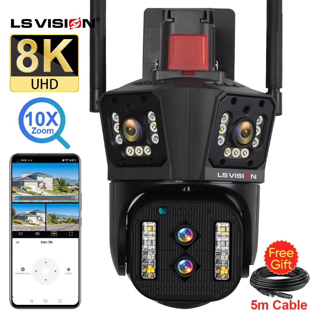 

LS VISION 8K 4x4MP IP Camera Outdoor 6K WiFi PTZ Multi Lens Three Screen 10X Optical Zoom Auto Tracking 2-Way Audio CCTV Camera