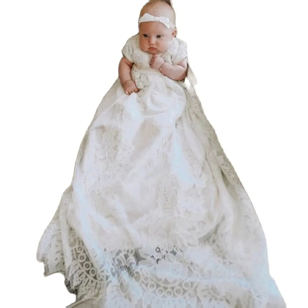 

Heirloom Luxury Infant Girls Baptism Dress Christening Gown Lace Short Sleeves Baby Girls Boys Long Christening Gown 0-24M
