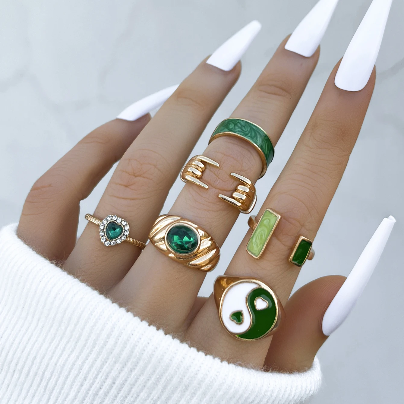 

Stillgirl 6Pcs Y2k Aesthetic Crystal Gold Rings for Women Vintage Green Heart Tai Chi Kpop Teen Jewelry Anillos Mujer Bague Femm