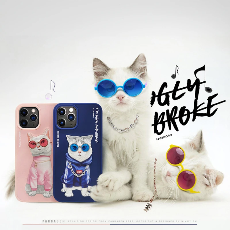 Luxury Hip-Hop Cat 3D Glasses Needle Embroidery With Lanyard Couple Case For iPhone 12 13 Pro Max Trend Original Fashion Cover