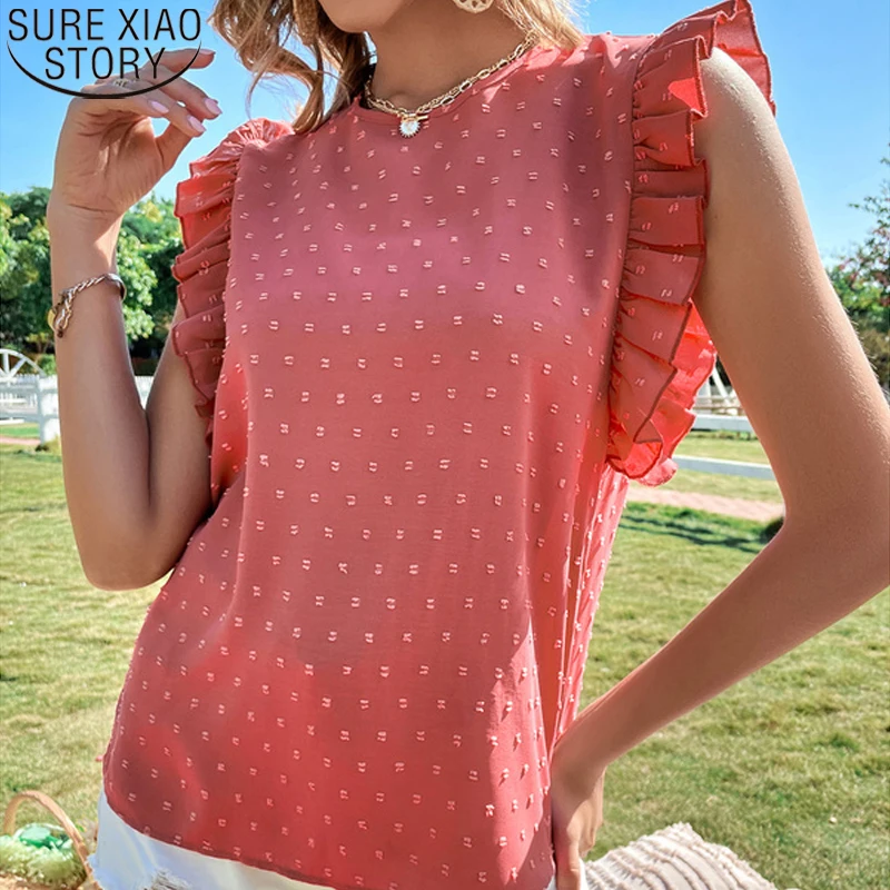 Sweet Women Shirts Casual Loose Summer Burgundy Short Sleeve Tops Fashion Dot Print Chiffon Blouse Round Collar Clothes 21692