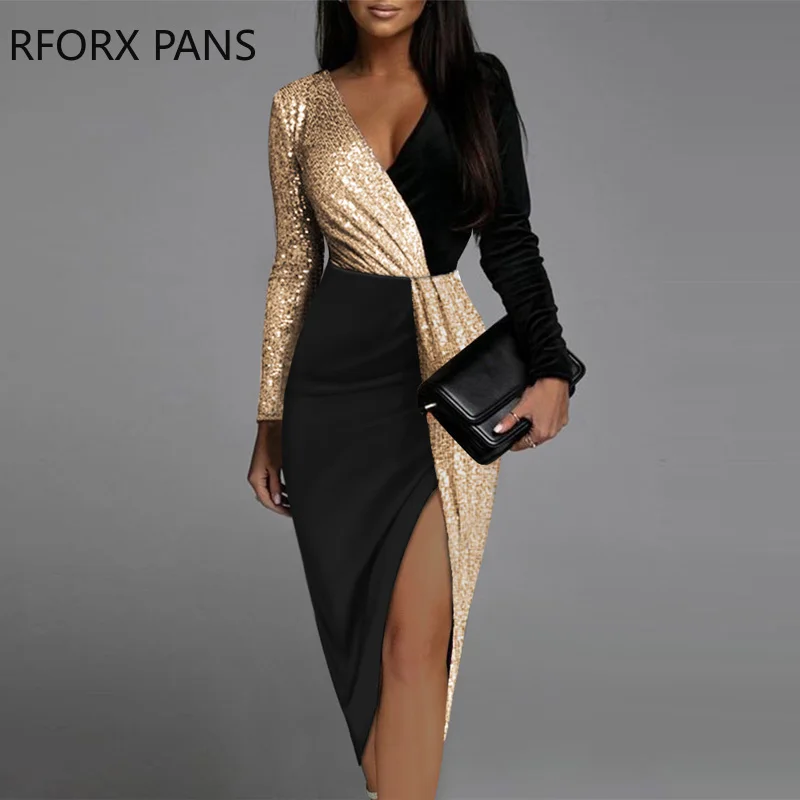 

Женское элегантное облегающее платье миди с блестками и высоким разрезом