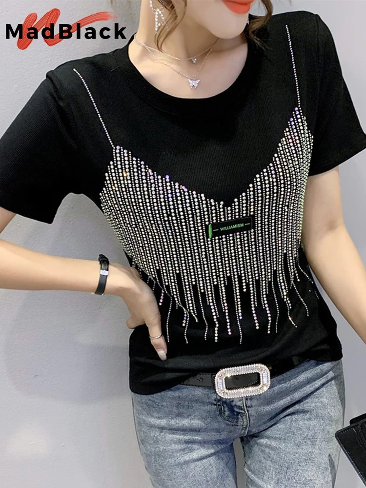 

Summer European Clothes Cotton T-Shirt Fashion Sexy Fake Two Straps O-Neck Shiny Diamonds Women Tops Short Sleeve Tees T15236A