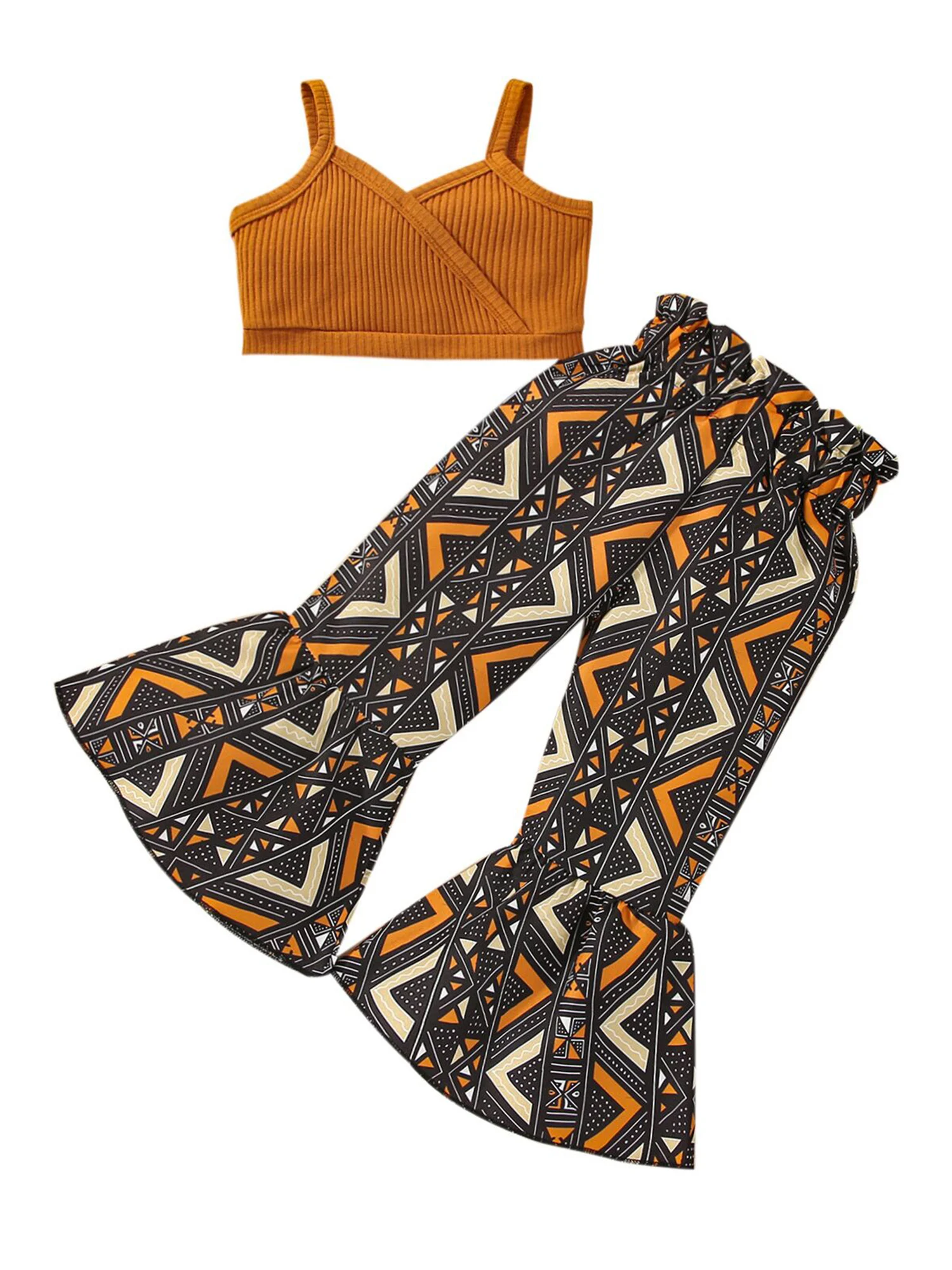 

Детский костюм для девочек из 2 предметов, безрукавка с открытыми плечами и воротником, топы с высокой талией, широкие брюки с принтом