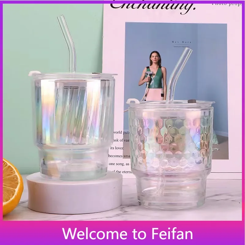 

Colorful Laser Bamboo Cup with Transparent Straw, Glass Water Cup, Household, Simple Drink, Coffee Cup with Lid, Office