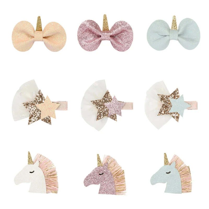 

10pcs/lot Cute Glitter Unicorn Hair Accessories Sequins Star Head wrap Boutique Girls Accessories for Hair Bows Barrette