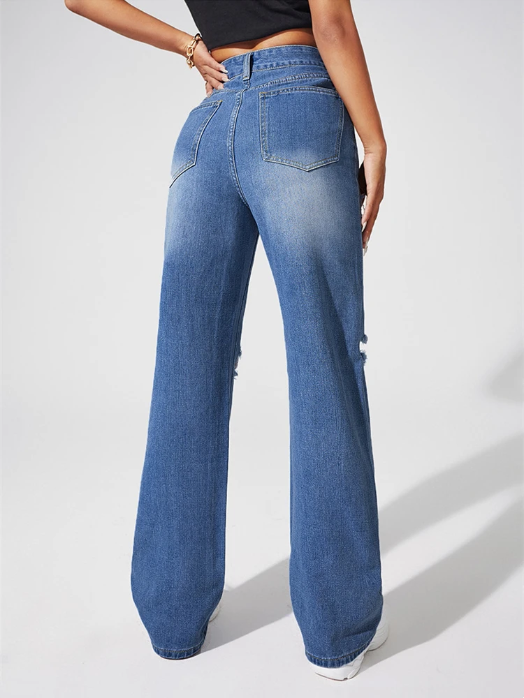 Ripped Jeans Women Straight Leg Mom Jeans High Waist Loose Fit Pants Denim Butterfly Print Cotton Trousers Streetwear 2022 New