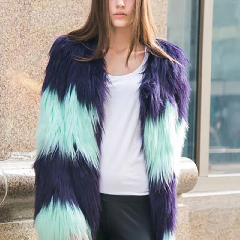 Winter Fashion Long Faux Fur Grass Women's Dress Women's Korean Patchwork Coat