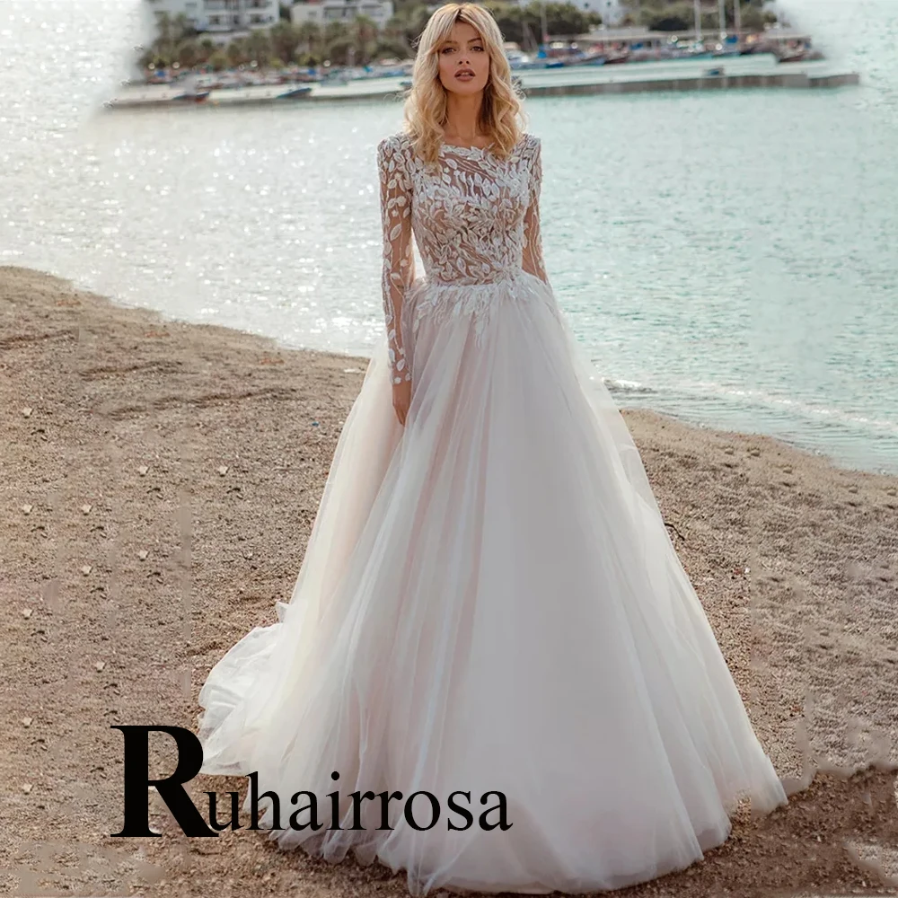 

Ruhair Exquisite Scoop Sequined Illusion Wedding Dresses Tulle For Women Appliques A-Line Robe De Mariée Formal Brides Gown