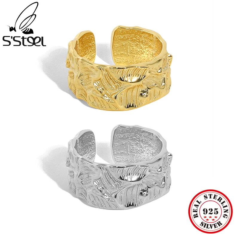 

S'STEEL Real 925 Sterling Silver Simple Irregular Adjustable Ring For Women Design Gold Rings Personalized Gothic Fine Jewelry