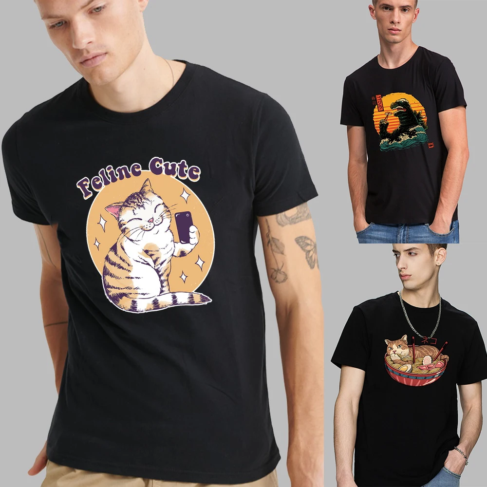 

Футболка мужская с круглым вырезом, Повседневная Свободная рубашка в стиле Харадзюку, короткий топ с принтом кошки в японском стиле, черный ...