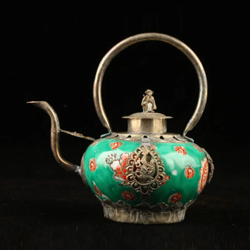 

Exquisite Chinese old decorated porcelain Inlaid with Tibetan silver monkey teapot